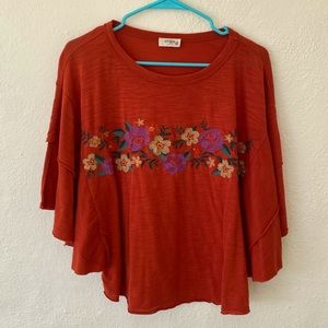 Umgee orange flutter sleeve shirt with floral embroidery